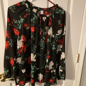 Old Navy Black Blouse with Red and White Floral Design